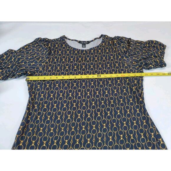 Ralph Lauren Women’s Medium Puff Sleeve Top T-Shirt Navy Gold Link Print - Picture 5 of 8